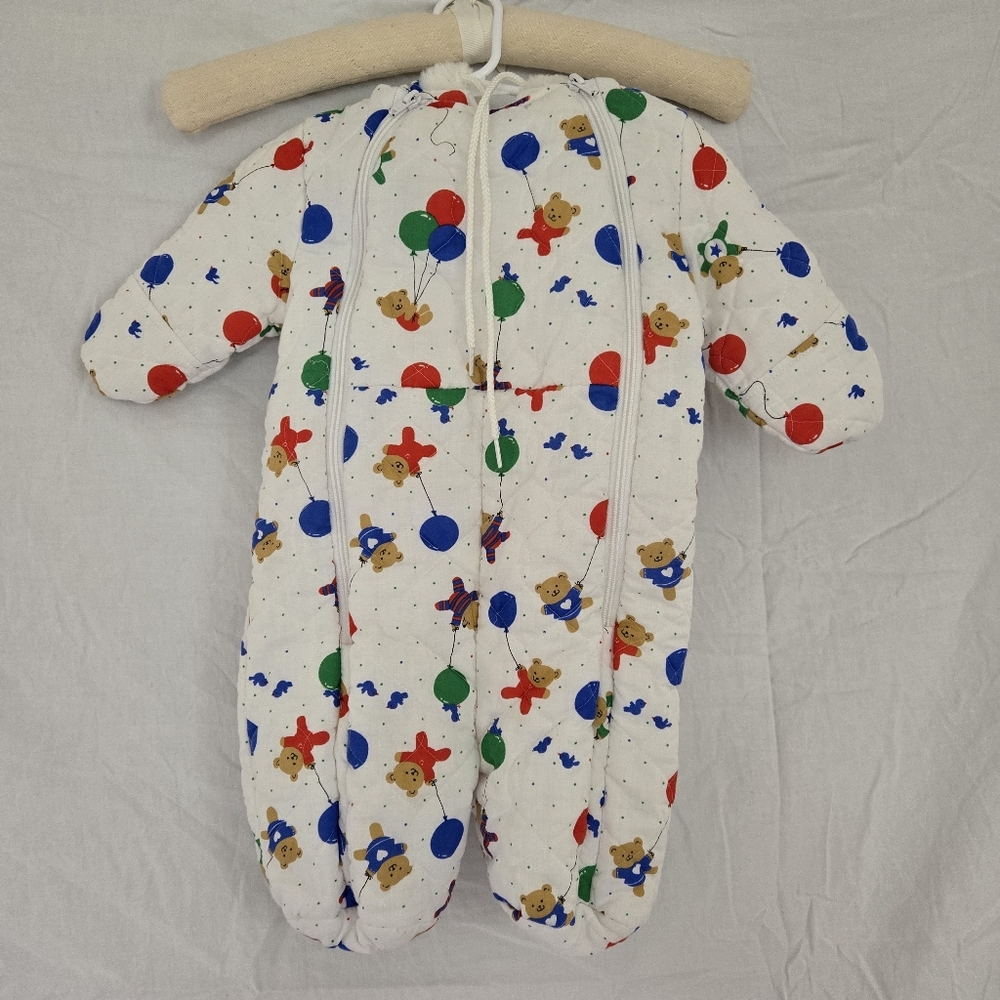 vintage infant pram suit snowsuit white bear and balloon Faux Fur Hood Unisex